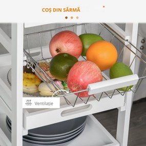 HOMCOM Carucior Bucatarie 4 Roti Sertar Cos Sarmă Tavite Detasabile Etajera Lemn Pin 37x37x82cm Alb | Aosom Romania