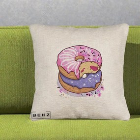 Perna Decorativa Donuts Roz si Mov, 40x40 cm, Bej Canapea, Husa Detasabila, Perna Inclusa, BEKZ®
