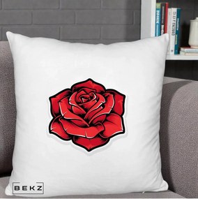 Perna Decorativa Trandafir Rosu Tattoo, 40x40 cm, Alb Pufos, Husa Detasabila, Perna Inclusa, BEKZ®