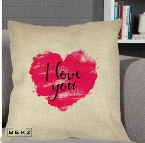 Cadou Romantic - Perna Personalizata I Love You Inima Roz, 40x40 cm, Crem, Husa Detasabila, Perna Inclusa, BEKZ®