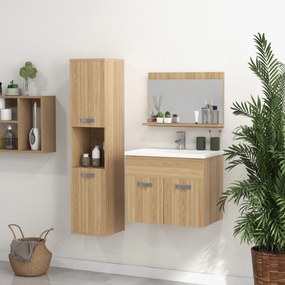 kleankin Set de mobilier de baie oglindă coloană + dulap sub chiuvetă suspendat cu bol, dulap coloană natural | Aosom Romania