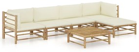 Set mobilier de gradina, 6 piese, perne alb crem, bambus Crem, 2x colt + 2x mijloc + suport pentru picioare + masa, 1