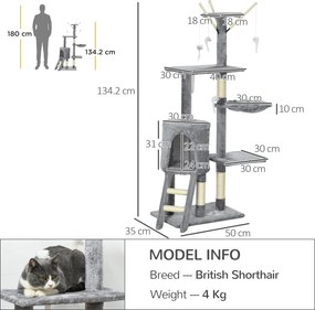 PawHut Turelă pentru pisici cu căsuță, stâlp de ascuțit gheare, platforme și 4 șoricei, din lemn, pluș și sisal, 50x35x134.2 cm, gri | Aosom Romania