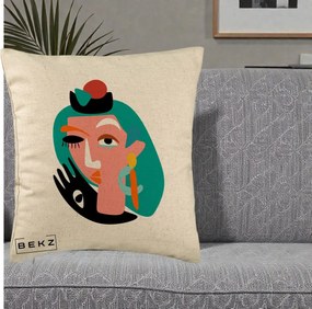 Perna Decorativa Portret Abstract Matisse Turcoaz, 40x40 cm, Bej, Husa Detasabila, Perna Inclusa, BEKZ®
