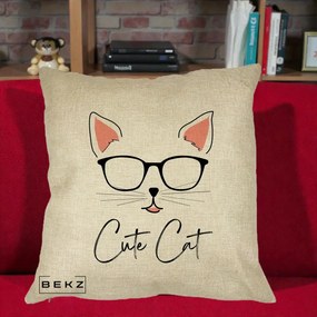 Perna Personalizata Cute Cat cu Ochelari, 40x40 cm, Crem, Husa Detasabila, Perna Inclusa, BEKZ®