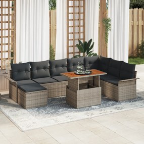 vidaXL Set de dining pentru grădină 9 piese cu perne, gri, ratan poli și acacia