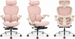 Scaun ergonomic MORATTI D5, Suport lombar dual 360°, Tetieră 4D, Șezut Zero-Pressure Frameless Mesh, Cotiere Flip-Back 4 poziții, Reclinare 135°, Suport picioare, Roz