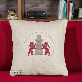 Perna Personalizata Cetatea Turnu Magurele Heraldic, 40x40 cm, Bej Canapea, Husa Detasabila, Perna Inclusa, BEKZ®