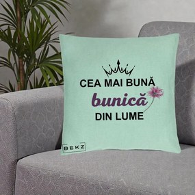 Cadou pentru Bunica - Perna Personalizata Cea Mai Buna Bunica Din Lume Coroana Mov Floare Roz, 40x40 cm, Verde Menta, Husa Detasabila, Perna Inclusa, BEKZ®