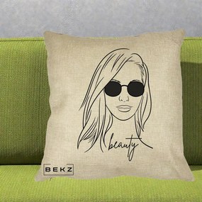 Perna Decorativa Beauty Girl Line Art, 40x40 cm, Crem, Husa Detasabila, Perna Inclusa, BEKZ®