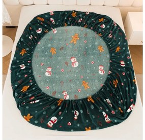 Cearsaf Cocolino microplus cu elastic SNOWMAN AND GINGERBREAD 200x200 cm verde