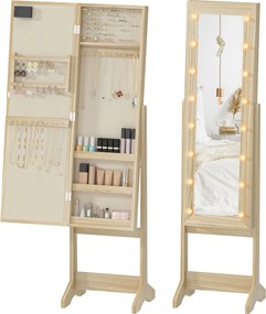 HOMCOM Oglindă Joyero cu Lumini LED Dulap pentru Bijuterii Dulap Joyero de Podea cu Oglindă Integrală Unghi Reglabil Lemn Natural | Aosom Romania