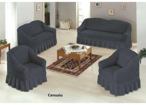 Set huse elastice si creponate pentru canapea 3 locuri, canapea 2 locuri si 1 fotoliu, cu volanas, Cenusiu