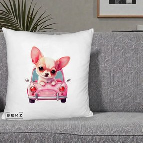 Perna Decorativa Chihuahua Roz in Masinuta, 40x40 cm, Alb Pufos, Husa Detasabila, Perna Inclusa, BEKZ®
