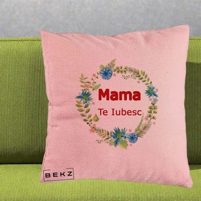 Cadou pentru Mama - Perna Personalizata Mama Te Iubesc Flori Albastre, 40x40 cm, Roz, Husa Detasabila, Perna Inclusa, BEKZ®