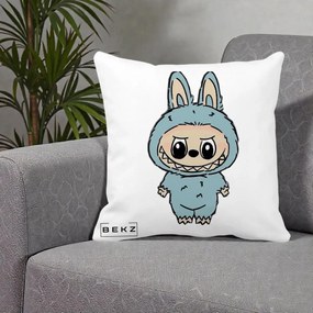 Perna Personalizata Labubu Albastru-Gri Solo, 40x40 cm, Alba Mata, Husa Detasabila, Perna Inclusa, BEKZ®