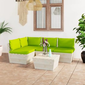 Set mobilier gradina din paleti cu perne, 5 piese, lemn molid verde aprins, colt + 3x mijloc + masa, 1