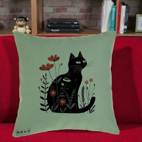 Perna Decorativa Pisica Neagra Flori Rosii Folk, 40x40 cm, Verde, Husa Detasabila, Perna Inclusa, BEKZ®