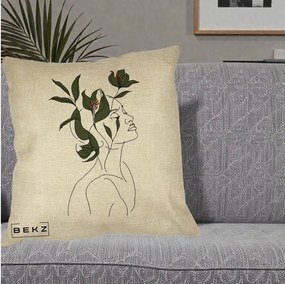 Perna Decorativa Portret Feminin Crin Verde, 40x40 cm, Crem, Husa Detasabila, Perna Inclusa, BEKZ®