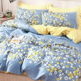 Lenjerie de pat cu 2 fete, policoton, 4 piese, pat 2 persoane, galben / bleu, R4-378
