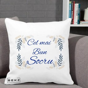 Cadou pentru Socru - Perna Personalizata Cel mai Bun Socru cu Ramuri Frunze Albastre si Aurii, 40x40 cm, Alba Mata, Husa Detasabila, Perna Inclusa, BEKZ®