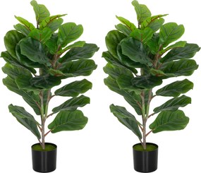 HOMCOM Set de 2 plante artificiale de interior 80 cm ficus lyrata arbore artificial cu ghiveci din plastic și sol flocat verde | Aosom Romania