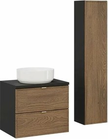 Set dulap baza suspendat 60 cm cu blat, lavoar si dulap coloana Comad Talia negru mat si stejar Casella