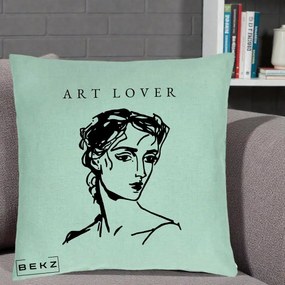 Perna Decorativa Art Lover Portret Grafic, 40x40 cm, Verde Menta, Husa Detasabila, Perna Inclusa, BEKZ®