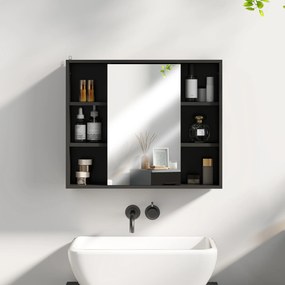 HOMCOM Dulap cu Oglindă pentru Baie, 3 Rafturi Laterale, Raft Reglabil, MDF și PAL, 60x14,5x49,4 cm, Negru și Lemn Natur | Aosom Romania
