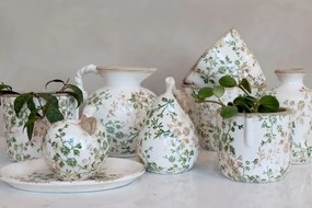 Ghiveci decorativ tronconic alb din ceramică antichizată, pictat manual, cu decor floral-vegetal, 14,5x18 cm, „Grasse"