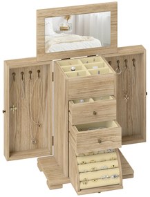 HOMCOM Cutie pentru bijuterii femei pe 4 nivele, cofret pentru bijuterii cu aripi, oglindă și 2 sertare, 26,5 x 16 x 33,5 cm, maro | Aosom Romania