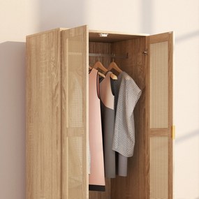 HOMCOM Dulap de dormitor cu 2 uși din ratan, 2 sertare și bară de agățat, 63 x 47 x 185 cm, lemn natural | Aosom Romania