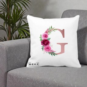 Cadou Personalizat - Perna Personalizata Monograma Rose Gold Litera G, 40x40 cm, Alba Mata, Husa Detasabila, Perna Inclusa, BEKZ®