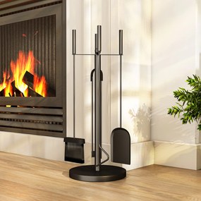 Outsunny Set servitor de șemineu, servitor de șemineu 5 piese, mătură lopată clește tisonier și suport, metal, negru | Aosom Romania