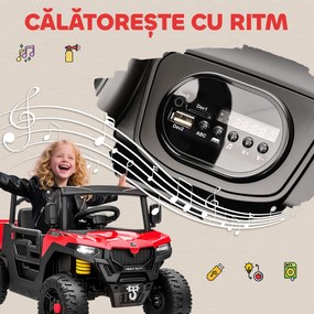 AIYAPLAY Mașină Electrică pentru Copii UTV 12V Off-road cu Portbagaj, 2 Motoare, Centură în 3 Puncte, Telecomandă, Suspensii, USB, Muzică, Lumini, 1.8-3.7 km/h, 3-8 Ani, Roșu | Aosom Romania