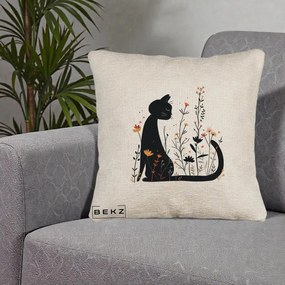 Perna Decorativa Pisica Neagra Flori Portocalii Silueta, 40x40 cm, Bej Canapea, Husa Detasabila, Perna Inclusa, BEKZ®