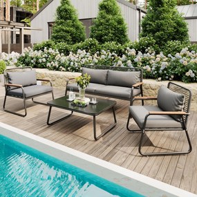 Set de lounge pentru grădină pentru 4 persoane, cu canapea dublă, 2 canapele individuale și 1 măsuță de cafea, Gri