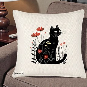Perna Decorativa Pisica Neagra Flori Rosii Folk, 40x40 cm, Crem Reliefat, Husa Detasabila, Perna Inclusa, BEKZ®