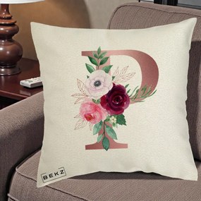 Cadou Personalizat - Perna Personalizata Monograma Rose Gold Litera P, 40x40 cm, Ecru, Husa Detasabila, Perna Inclusa, BEKZ®