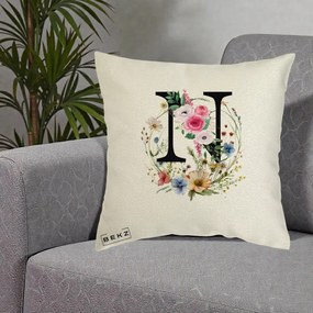 Cadou Personalizat - Perna Personalizata Monogram Litera N cu Flori Acuarela, 40x40 cm, Ecru, Husa Detasabila, Perna Inclusa, BEKZ®