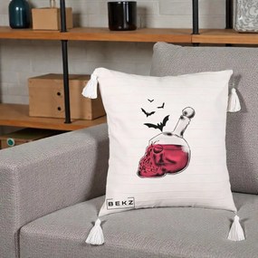 Perna Decorativa Halloween Craniu-Sticla cu Lilieci, 40x40 cm, Bej cu Franjuri, Husa Detasabila, Perna Inclusa, BEKZ®