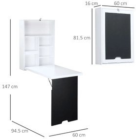 HOMCOM Birou de perete, blat pliabil, 5 rafturi, 60x94,5x147cm, Negru/Alb | Aosom Romania
