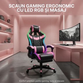 RESIGILAT- Scaun gaming, sistem iluminare bandă LED RGB, masaj în perna lombară, suport picioare, Negru/Roz