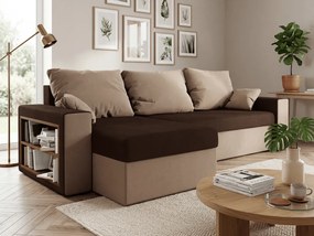 Set canapea extensibila, reversibila in forma de L NORIX 240x140 cm, maro inchis/maro deschis cu raft + 2 perne GRATUIT