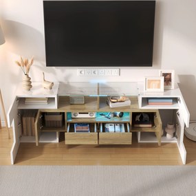 Dulap TV cu iluminare LED, suprafețe din sticlă, cu 6 uși, 2 sertare și 3 compartimente, 145x30x51 cm, Alb+Natur.