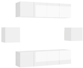 Set de dulapuri TV, 6 piese, alb extralucios, lemn prelucrat 1, Alb foarte lucios, 60 x 30 x 30 cm