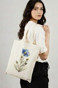 Sacosa de Panza pentru Cumparaturi, Geanta Tote, model Blue Flower 3 38 x 34.5 cm, Alba, BEKZ®