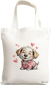Sacosa de Panza pentru Cumparaturi, Geanta Tote, model Happy Puppy in love 38 x 34.5 cm, Alba, BEKZ®