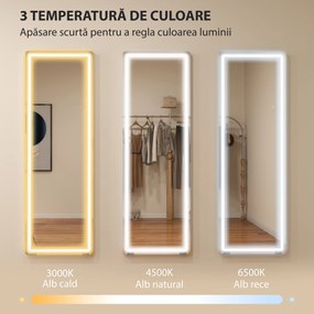 HOMCOM Oglindă de Corp Întreg cu LED, 150x50 cm, Iluminare în 3 Culori, de Podea, Sprijinită sau Montată pe Perete, Transparentă | Aosom Romania