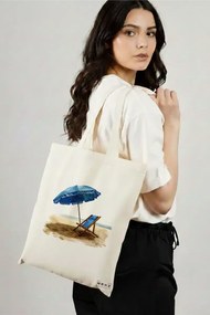 Sacosa de Panza pentru Cumparaturi, Geanta Tote, model Beach life 38 x 34.5 cm, Alba, BEKZ®